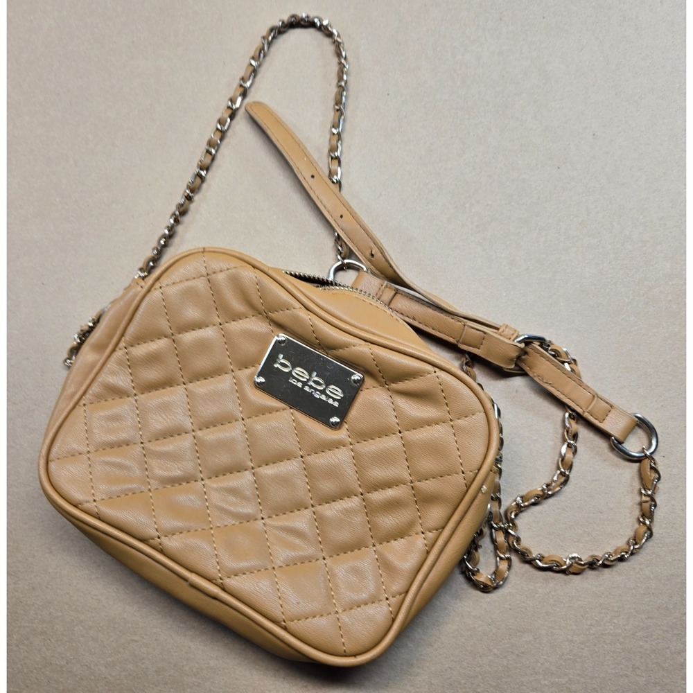 Bebe Quilted Tan Crossbody Bag Chain Strap Small Purse Faux Leather